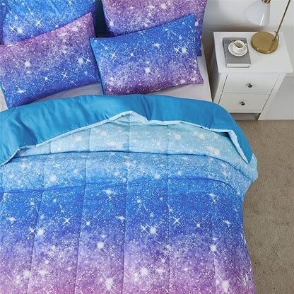 Rainbow Glitter Comforter Set Full/Queen Size for Girls, Sparkle Galaxy Twinkle StarlightTeen,3pc Aqua Blue Purple Pink Ombre Pastel Bedding with 2 Pillow Cases(Rainbow,Queen), Queen(3-Piece)
