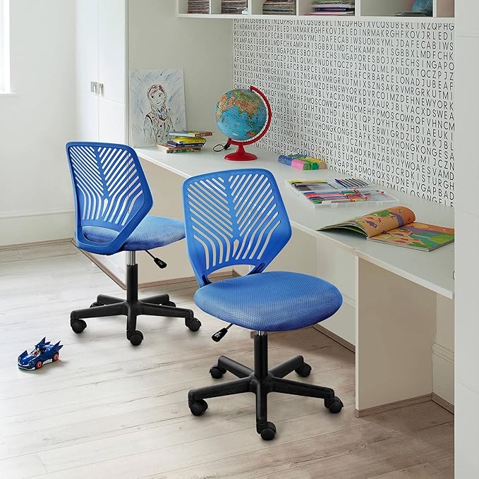 Yaheetech Students Desk Chair Low-Back Armless Study Chair Swivel Task Chair Cute Bedroom Chair with Lumbar Support Adjustable Height for Youth, Blue