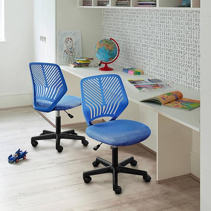 Yaheetech Students Desk Chair Low-Back Armless Study Chair Swivel Task Chair Cute Bedroom Chair with Lumbar Support Adjustable Height for Youth, Blue