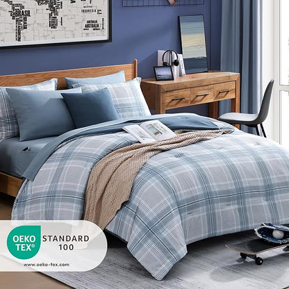 Blue King Size Comforter, Dorm Plaid Light Blue King Bedding Set Homestead-style King Size Bed Set for Bedroom (Light Blue,King,102"*90")