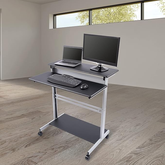 Stand Up Desk Store Rolling Adjustable Height Two Tier Standing Desk Computer Workstation (Silver Frame/Black Top, 40" Wide)