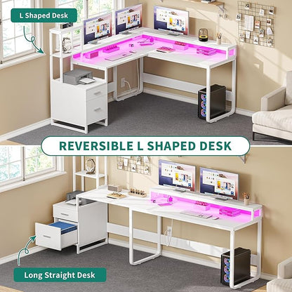 YITAHOME L Shaped Desk with Power Outlets & LED Lights, Reversible Computer Desk with Drawers & Hutch, Corner Desk Office Desk with Monitor Stand, Printer Stand, 2 Person Desk, White