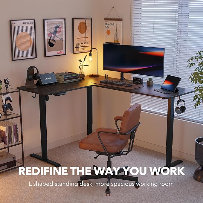 FEZIBO 63" L Shaped Standing Desk Height Adjustable, Electric Stand up Corner Desk, Sit Stand Home Office Desk with Splice Board, Black Frame/Black Walnut Top