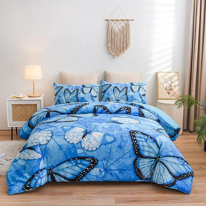 Btargot 3 Piece Blue Butterfly Girls Kids Adults Queen Size Comforter Set, Lightweight Soft All Season Bedding Set with 2 Pillowcases