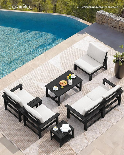 SERWALL HDPE Patio Coversation Set, 7-piece Outdoor Sectional Sofa Set, All Weather Patio Couch Set Patio Furniture for Balcony, Deck, Black Frame with Khaki Cushion