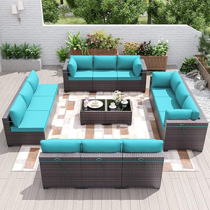 Patio Furniture Set 14-Pieces Outdoor Furniture for Backyard Wicker Sectional Sofa Set, Rattan Patio Conversation Set with Thickened Cushions and Glass Coffee Table, Blue