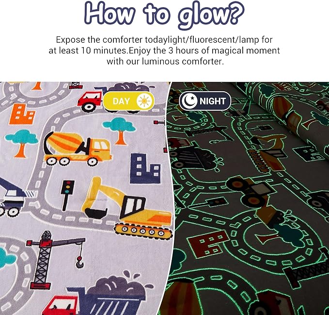 Mooreeke Glow in The Dark Twin Plush Fleece Comforter Bed Set, Soft & Warm 2 Piece Bed in A Bag with Sham, Velour Velvet Grey Excavator Highway Boys Kids Bedding Set, Fluffy Fuzzy Polar Cozy