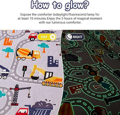Mooreeke Glow in The Dark Twin Plush Fleece Comforter Bed Set, Soft & Warm 2 Piece Bed in A Bag with Sham, Velour Velvet Grey Excavator Highway Boys Kids Bedding Set, Fluffy Fuzzy Polar Cozy