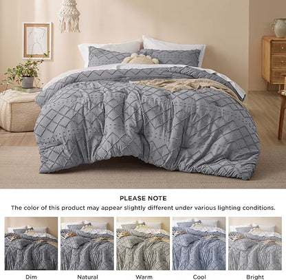 Bedsure King Size Comforter Set - Grey Comforter, Boho Tufted Shabby Chic Bedding Comforter Set, 3 Pieces Vintage Farmhouse Bed Set for All Seasons, Fluffy Soft Bedding Set with 2 Pillow Shams