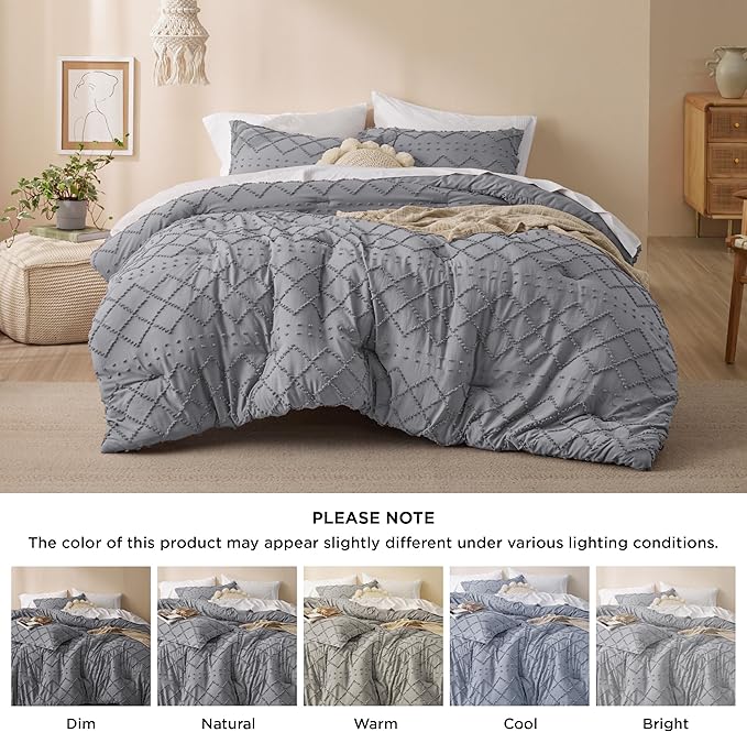 Bedsure Twin/Twin XL Comforter Set - Grey Boho Twin Extra Long Comforter Set for College, Shabby Chic Dorm Bedding Set, 2 Pieces Modern Farmhouse Bed Set, includes 1 Pillow Sham