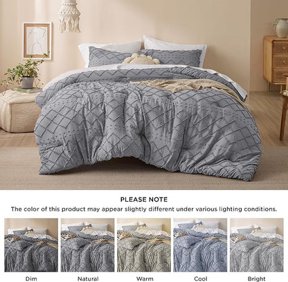 Bedsure Queen Comforter Set - Grey Comforter, Boho Tufted Shabby Chic Bedding Comforter Set, 3 Pieces Vintage Farmhouse Bed Set for All Seasons, Fluffy Soft Bedding Set with 2 Pillow Shams