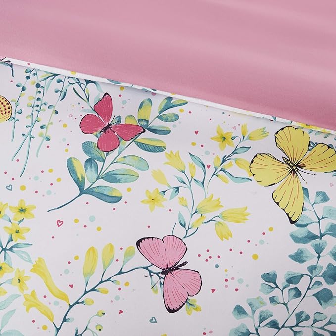 Mi Zone Kids Cynthia Comforter for Girls Microfiber Animal Butterfly Print, Modern All Season Down Alternative Kids Bed Set, Matching Sham, Decorative Pillow, Full/Queen, Pink 4 Piece
