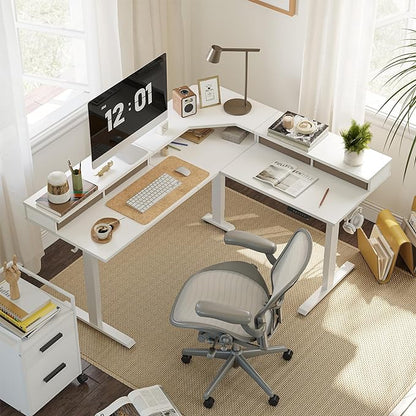 FEZIBO 63" L Shaped Standing Desk with 4 Drawers, Electric Standing Gaming Desk Adjustable Height, Corner Stand up Desk with Splice Board, White Frame/White Top