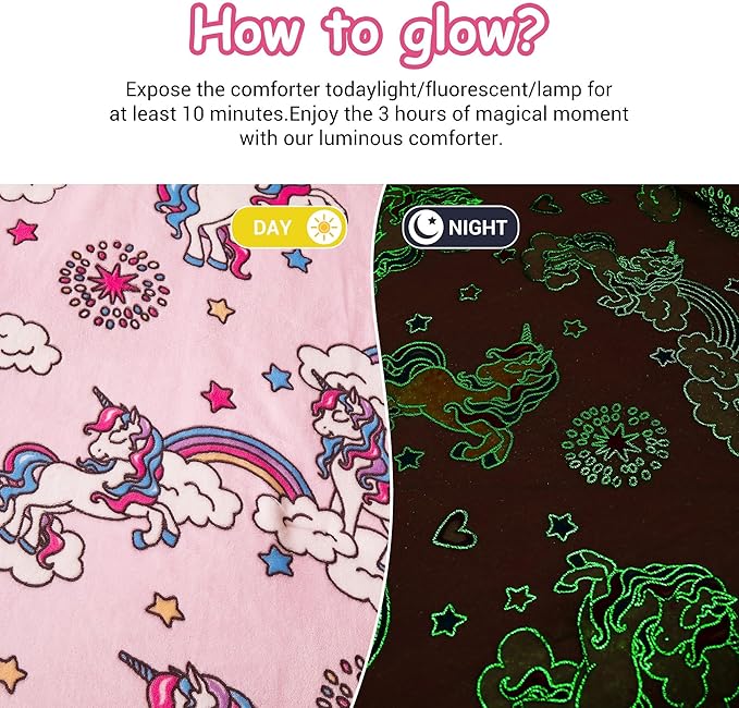 Mooreeke Glow in The Dark Full Plush Fleece Comforter Bed Set, Soft & Warm 3 Piece Bed in A Bag with Sham, Velour Velvet Pink Unicorn Girls Kids Bedding Set, Fluffy Fuzzy Polar Cozy and Stylish