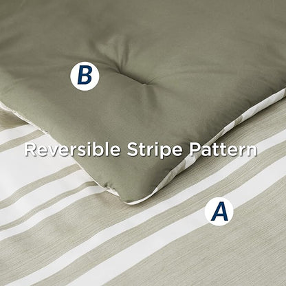 Bedsure Bed in a Bag Twin Size 5 Pieces, Olive Green White Striped Bedding Comforter Sets All Season Bed Set with 1 Pillow Sham, Flat Sheet, Fitted Sheet and 1 Pillowcase