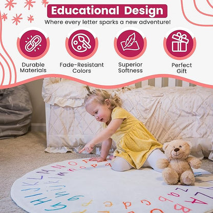 ABC Rug for Kids Room - 40 inch Round Alphabet Rug - ABC Classroom Rug for Kids Learning - Round Rug for Kids Room Decor - ABC Rugs for Kids Playroom - Round Nursery Rug - ABC Mats for Floor Toddlers