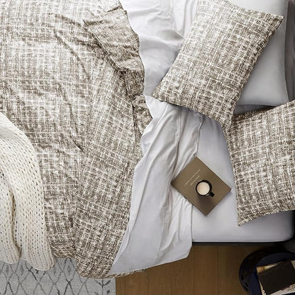 Hyde Lane Full/Queen Comforter Set, Taupe Boho Modern Aesthetic Soft Bedding, Plaid Lines Pattern Neutral Bed Sets for All Season, 3 Pieces includes 1 Comforter, 2 Shams (90"x 90")