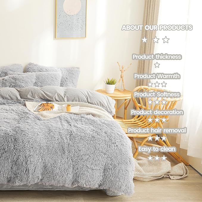 FOPPA Gray fluffy Comforter Cover Set king- Ultra Soft fluffy gray Bedding Sets 3 Pieces (1 Duvet Cover + 2 Pillow case) pink fluffy bed set (Gray, King)