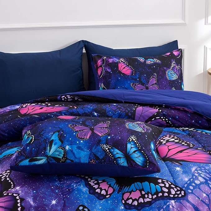 Btargot 3 Piece Butterfly Pattern Girls Comforter Set with 2 Pillow Covers, Galaxy Outer Space Printed Bedding Set for Women, Full Purple Blue