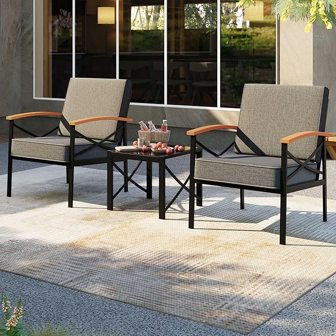 Shintenchi 3 Piece Metal Outdoor Patio Furniture Set, Modern Outdoor Metal Chairs Conversation Furniture Set with Coffee Table for Patio,Backyard,Balcony, Poolside (Dark Grey)