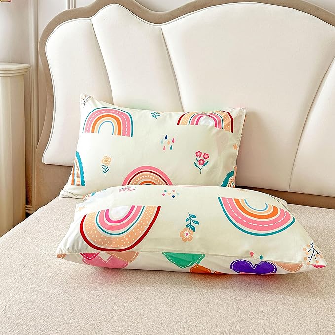 Btargot Lightweight Soft 3 Piece Rainbow Comforter Set with 2 Pillow Covers, Cartoon Love Hearts Flowers and Grass Bedding Set for Girls Boys Kids, Twin Multi-Color