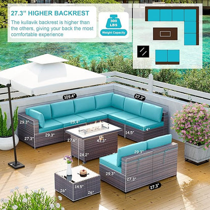 Kullavik 10 Pieces Outdoor Patio Furniture Set with 43" Gas Propane Fire Pit Table PE Wicker Rattan Sectional Sofa Patio Conversation Sets,Blue