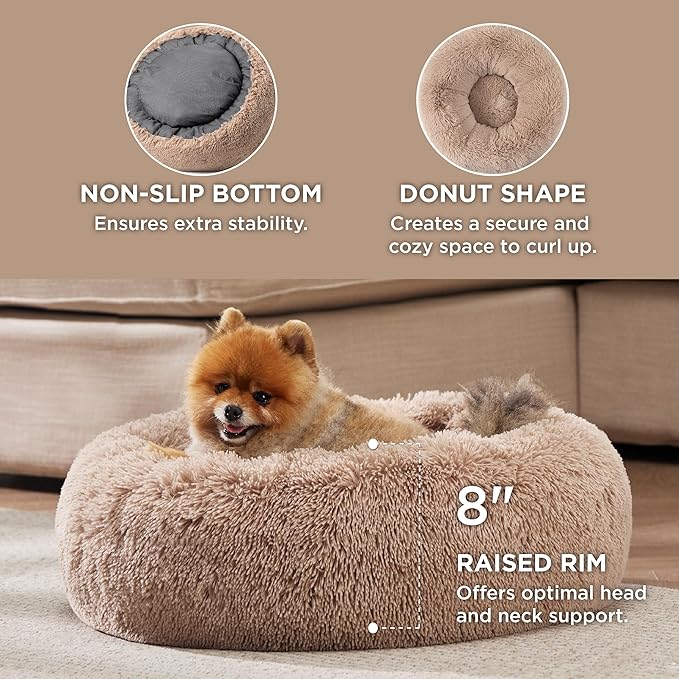 Bedsure Calming Dog Bed for Small Medium Dogs - Donut Washable Medium Pet Bed, 27 inches Anti-Slip Round Fluffy Plush Faux Fur Cat Bed, Camel