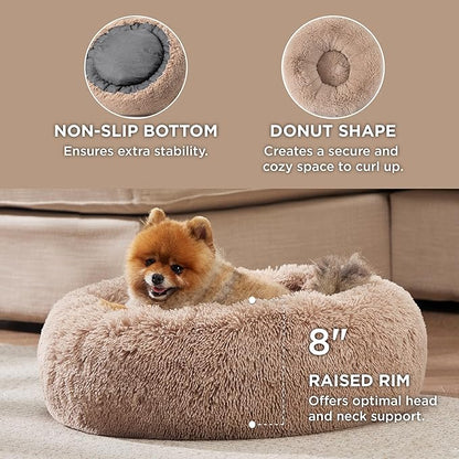 Bedsure Calming Dog Bed for Small Medium Dogs - Donut Washable Medium Pet Bed, 27 inches Anti-Slip Round Fluffy Plush Faux Fur Cat Bed, Camel