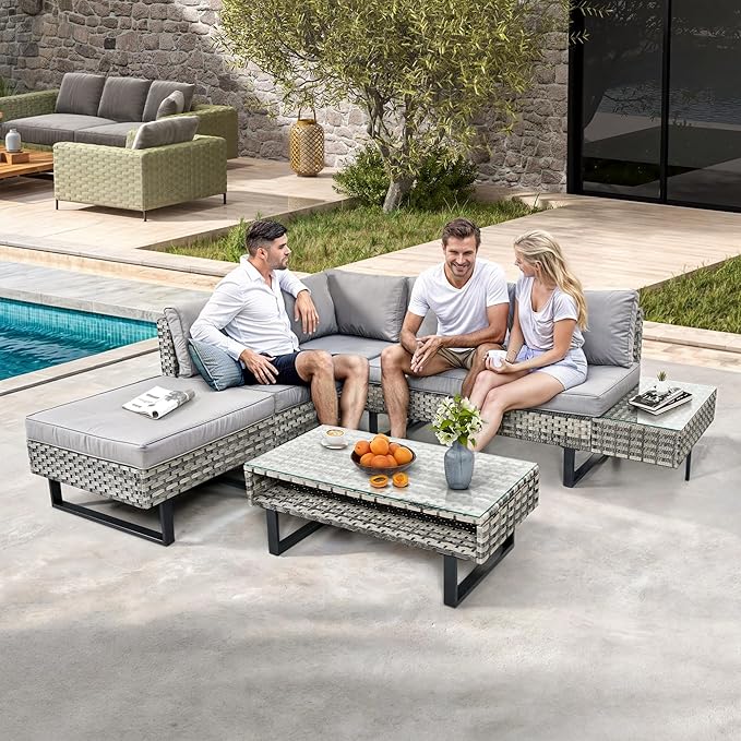 DWVO Patio Furniture Set, Sectional L-Shaped Sofa, for Patio Backyard Poolside Porch, Wicker Conversation Set with Coffee Table & Cushions, Detachable Lounger, All-Weather Rattan, Grey