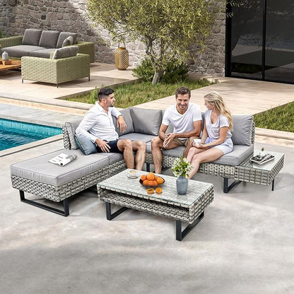 DWVO Patio Furniture Set, Sectional L-Shaped Sofa, for Patio Backyard Poolside Porch, Wicker Conversation Set with Coffee Table & Cushions, Detachable Lounger, All-Weather Rattan, Grey
