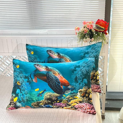 CVHOUSE Sea Turtle Bedding Set,Sea Turtle Comforter Twin,Ocean Beach Comforter Set for Boys Kids Girls,Ocean Quilt Set with 1 Comforter and 2 Pillow Cases
