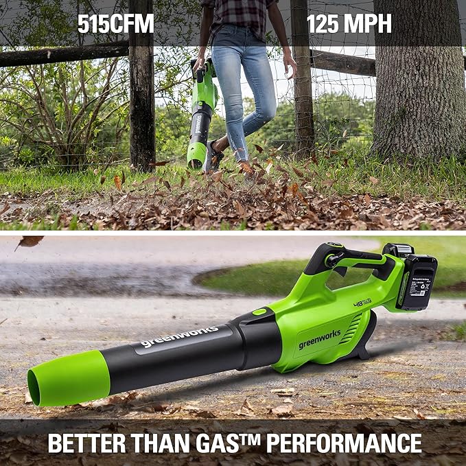 Greenworks 48V (2 x 24V) Cordless Axial Leaf Blower (125 MPH / 515 CFM / 125+ Compatible Tools), (2) 2.0Ah Batteries and Dual Port Charger Included