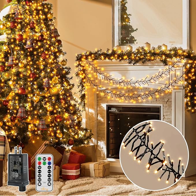 Ollny Cluster Lights Christmas 1000LED 49FT, Warm White Christmas Tree Lights 8 Modes Timer Remote, Waterproof String Lights for Outdoor Indoor Outside Garland Xmas Decorations