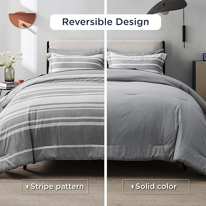 Bedsure Full Size Bed Sets 7 Pieces - Grey & White Striped Bedding All Season Comforter Set, Bed in a Bag with 1 Comforter, 2 Sheets, 2 Pillowcases & 2 Shams