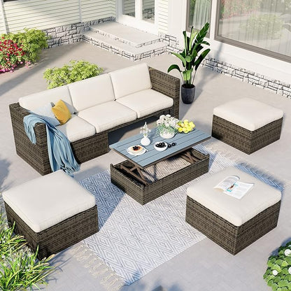 5 Pieces Patio Furniture Sets All Weather Wicker Rattan Sectional Sofa Outdoor Conversation with Adustable Backrest, Cushions, Ottomans and Lift Top Coffee Table for Poolside, Garden, Backyard