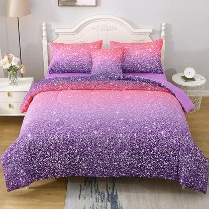 JQinHome Twin Pink Purple Comforter Set, 6 Piece Bed in A Bag 3D Colorful Bedding Set for Girls kids (1 Comforter,2 Pillowcases,1 Flat Sheet,1 Fitted Sheet,1 Cushion Cover)(Pink Purple)