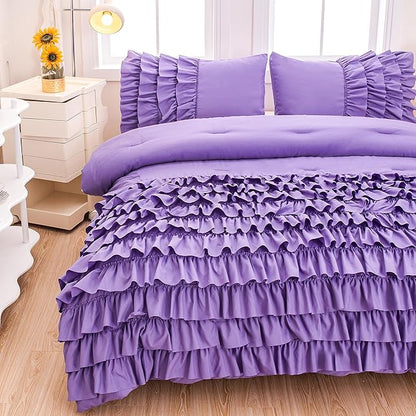Full Size Comforter Set for Girls, Purple Ruffle Bedding Set Full, 5 Pcs Bed in a Bag for Girls, Purple Comforter Sets Full with 1 Fitted Sheets, 1 Flat Sheet, 1 Comforter, 2 Pillowcases
