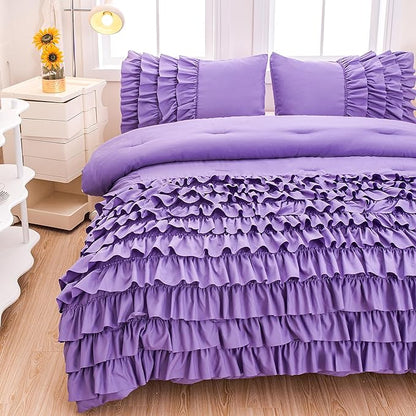 Lavender Princess Ruffle Comforter, Purple Twin Comforter Set for Girls (1 Ruffled Comforter and 2 Pillowcases), 3 Pieces Vintage Rustic Purple Bedding Set for Girls Kids
