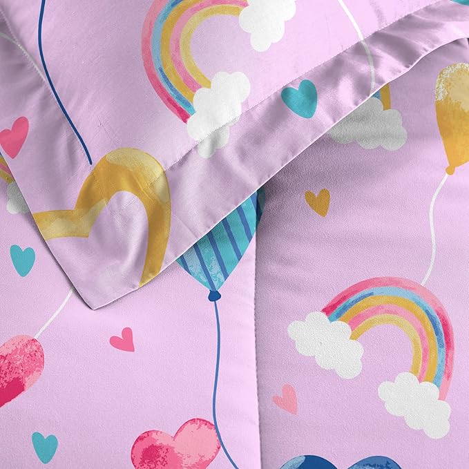 Dream Factory Kids 5-Piece Complete Bed Set Easy-Wash Super Soft Microfiber Comforter Bedding, Twin, Lilac Balloon Hearts