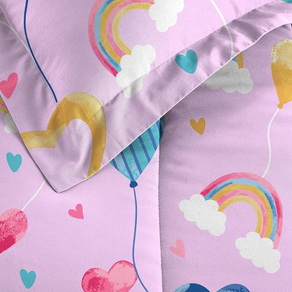 Dream Factory Kids 5-Piece Complete Bed Set Easy-Wash Super Soft Microfiber Comforter Bedding, Twin, Lilac Balloon Hearts