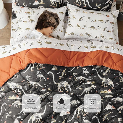 Dinosaur Twin Comforter for Boys,5 Pieces Kids Bedroom Bedding Set with Sheets and Pillowcase,Super Soft Lightweight for All Seasons,Grey,Machine Washable