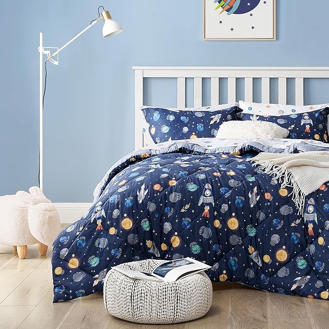 Kids Bedding Set for Boys, Twin Size 5 Pieces Space Themed Bed in a Bag, Super Soft Lightweight Microfiber Comforter Set with Sheets, Hotel Quality Durable Children Bed Set