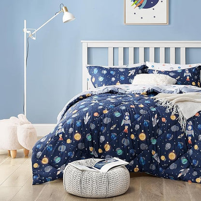 Kids Bedding Set for Boys, Queen Size 7 Pieces Space Themed Bed in a Bag, Super Soft Lightweight Microfiber Comforter Set with Sheets, Hotel Quality Durable Children Bed Set