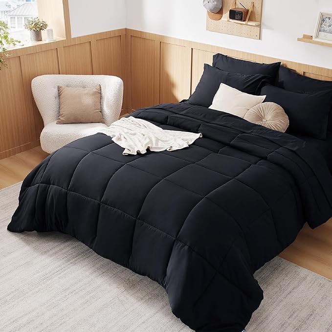 Bedsure Black Twin XL Comforter Set for Boys- 5 Pieces Solid Twin XL Bed in a Bag, Twin XL Bed Set Black with Comforters, Sheets, Pillowcase & Sham, Extra Long Twin Comforter Set