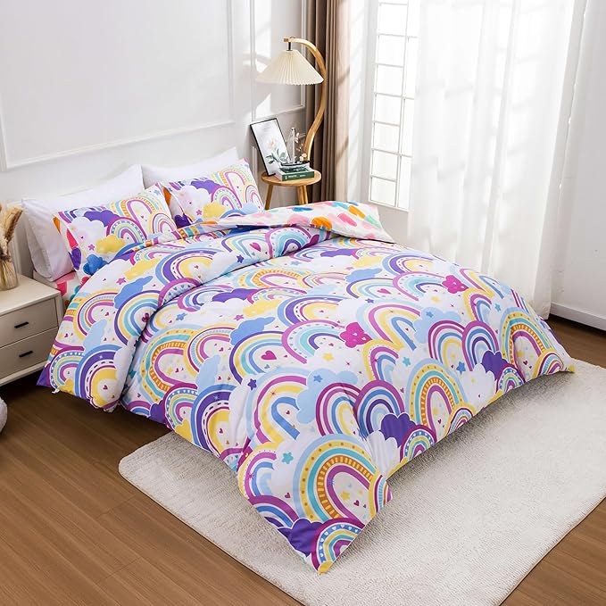 Btargot Lightweight Soft 3 Piece Rainbow Comforter Set with 2 Pillow Covers, Cartoon Love Hearts Flowers and Sun Star Bedding Set for Girls Boys Kids,Full Light Purple