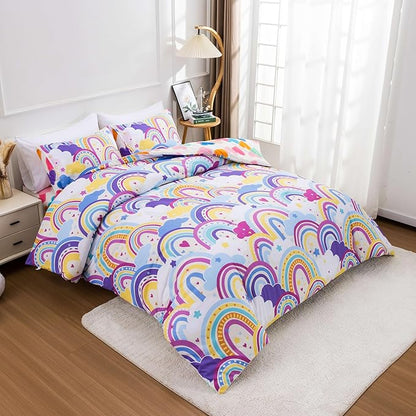 Btargot Lightweight Soft 3 Piece Rainbow Comforter Set with 2 Pillow Covers, Cartoon Love Hearts Flowers and Sun Star Bedding Set for Girls Boys Kids,Full Light Purple