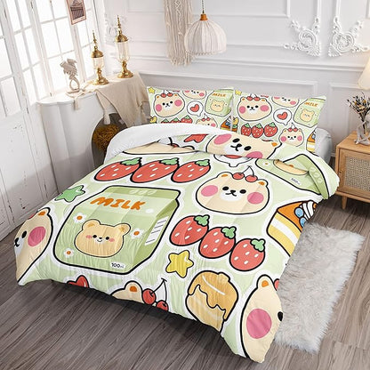 Datura home Kawaii Strawberry Bear Comforter Bedding Set for Kids Boys and Girls Teens,Cute Cartoon Fruit Print Light Green with 1 2 Pillowcases(Kawaii Full), Full 80x90inches