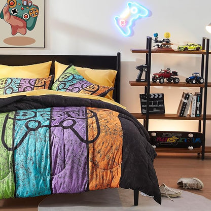 SLEEP ZONE Kids Twin Bedding Comforter Set - Super Cute Game Bedding Set for Boys, Girls, Teens - 5 Pieces Set with Comforter, Sheet, Pillowcase & Sham (Game Night)