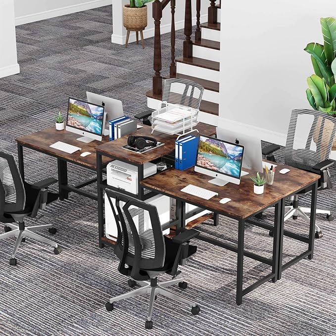 Tribesigns 96.9" Double Computer Desk with Printer Shelf, Extra Long Two Person Desk Workstation with Storage Shelves, Large Office Desk Study Writing Table for Home Office, Dark Brown