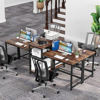 Tribesigns 96.9" Double Computer Desk with Printer Shelf, Extra Long Two Person Desk Workstation with Storage Shelves, Large Office Desk Study Writing Table for Home Office, Dark Brown